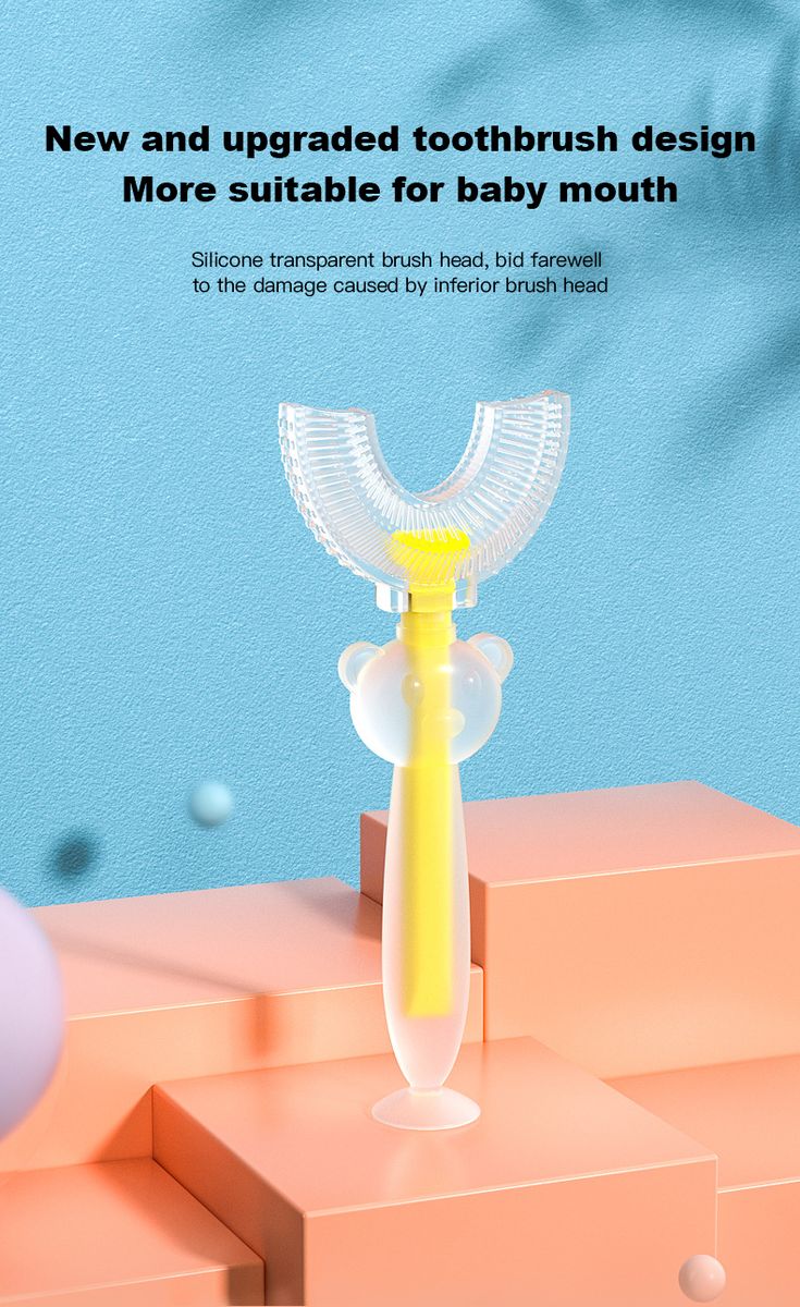 Yellowchildren's silicone U-shaped toothbrush Q bullet bite resistance deep cleaning does not hurt gums removable suction cup standing design ash proof