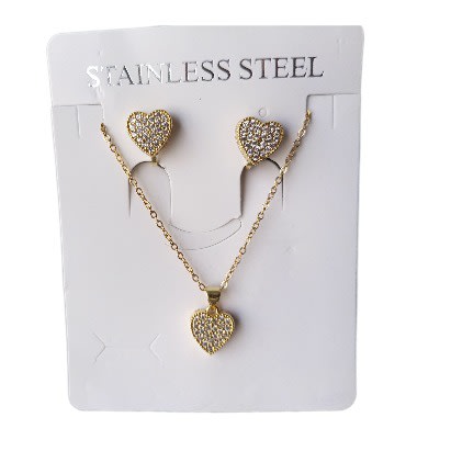 Unisex Cubic Zirconia Iced Out Heart Clip Stud And Necklace Jewelry Set- Gold