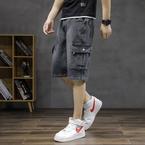 2022 Men's Fashion Loose Large Size Casual Trend Denim Five Point Shorts-Grey