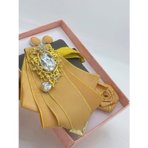 Long Stylish 3-in-1 Barrister Bow Tie- Cufflink - Lapel - Gold