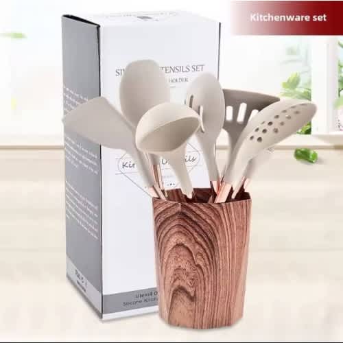 Gold Plated Silicone Cookware Cooking Spoons Spatula With Storage Cup- 9pieces