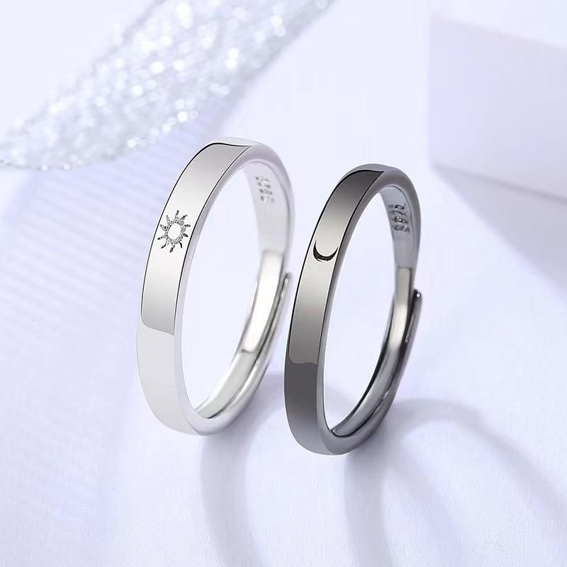 D041 Japanese and Korean fashion sun, moon and stars open ring men and women creative star and moon couple pair ring jewelry set of men and women