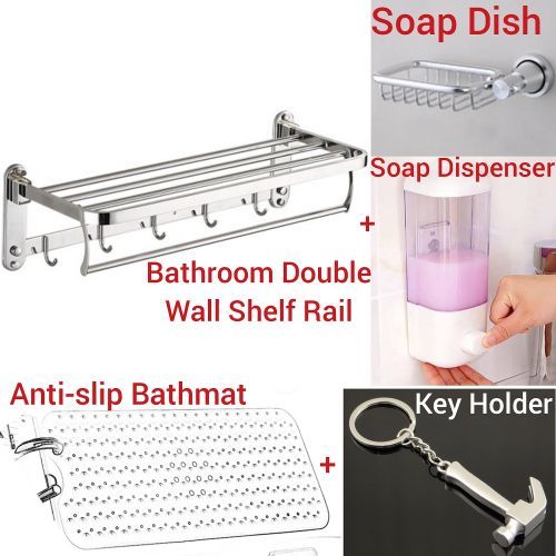Kitchen/ Bathroom Towel Hanger Rail Shelf Rack + Anti Slip Fall Accident Bathmat Foot Mat + Soap Dish Holder + Liquid Soap Dispenser + Key Holder