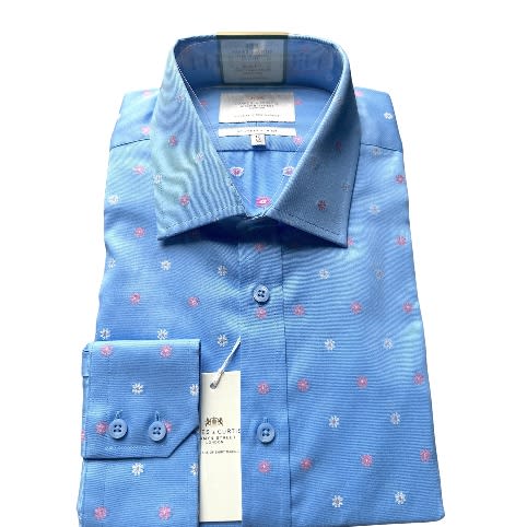 Men's Floral Slim Fit Shirt - Single Cuff - Blue & Pink