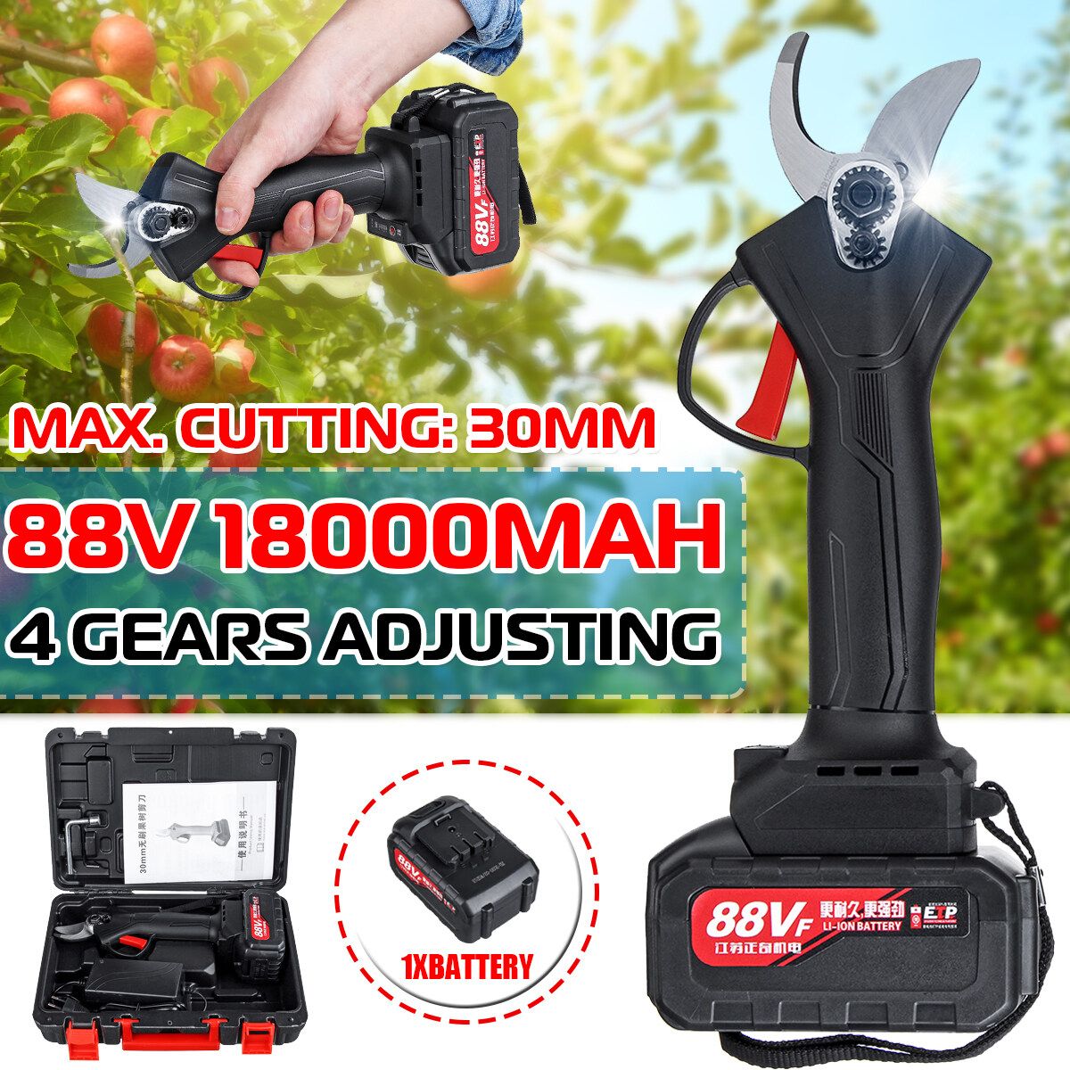 88V Cordless Rechargeable Electric Pruning Shears Secateur Branch Scissor