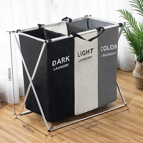 Fabric Dirty Clothes Storage Basket Laundry 3 Section.