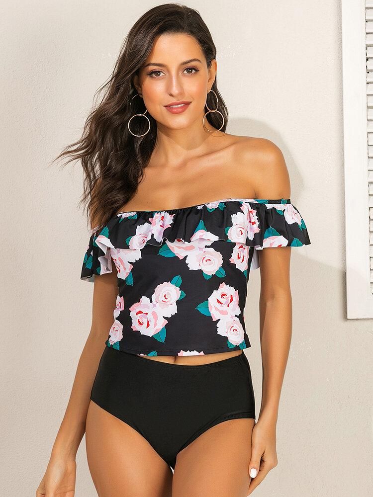 Women Floral Print Ruffles High Waist Tankini Hawaii Beach Swimwear