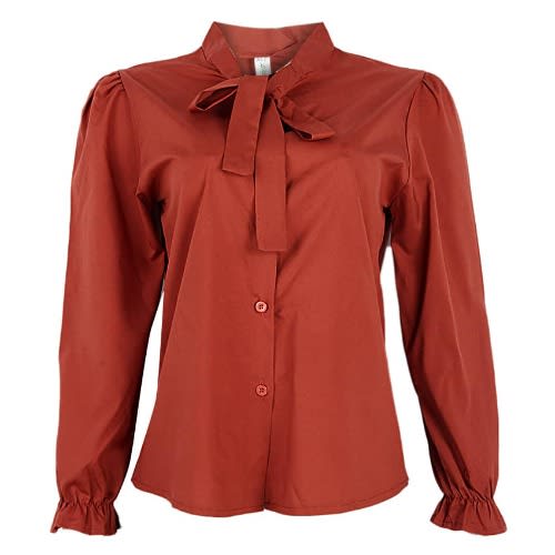 Tie Neck Ruched Sleeve Blouse - Orange