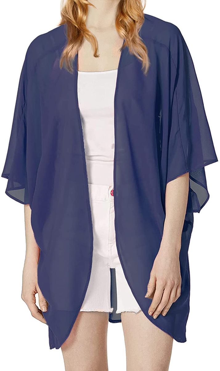Navy Blue Light Weight Open Front Kimono Jacket Women Cover Up Top Blouse Shirt