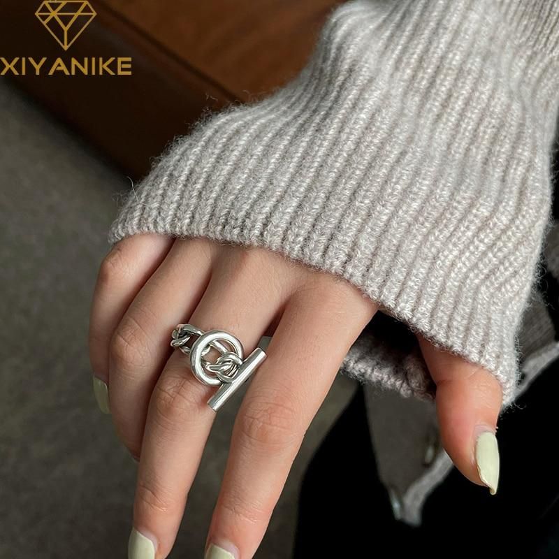 XIYANIKE Silver Color  Unique OT Buckle Chain Fashion Multi-layer Cross Round Silver Ring Personalized Party Punk Jewelry