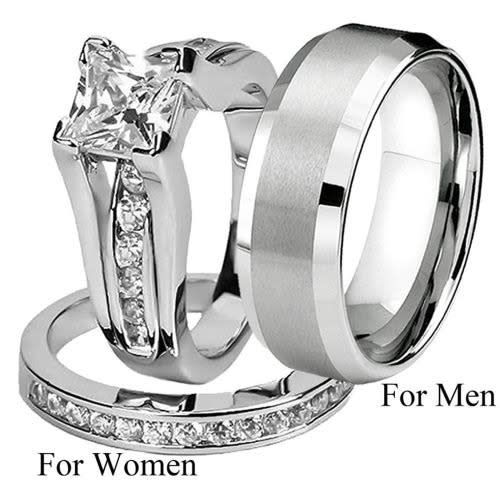 Silver Engagement Ring & Wedding Band Set For Couple