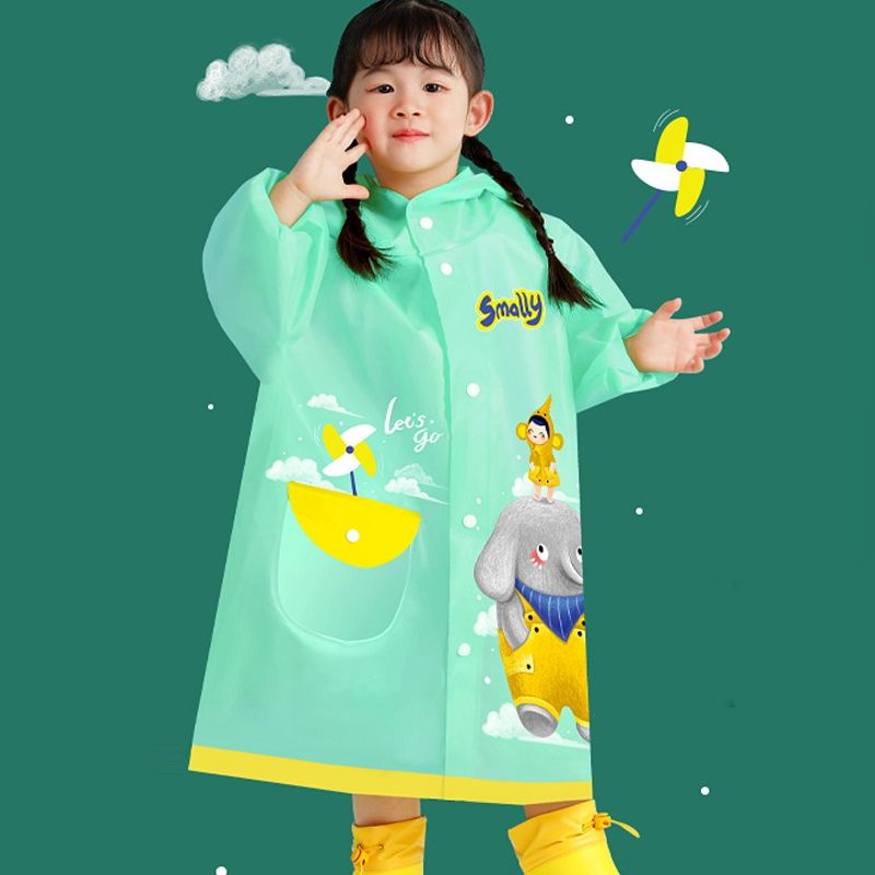 Smally Cartoon Children Raincoat EVA Waterproof Student Split Poncho-Mint Green