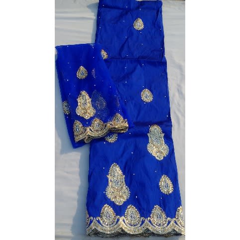 Royal Blue & Gold Indian Lace George With Blouse - 7 Yards