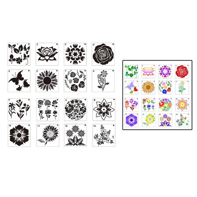16x Flowers Pattern Plastic Painting Drawing Template Stencil For