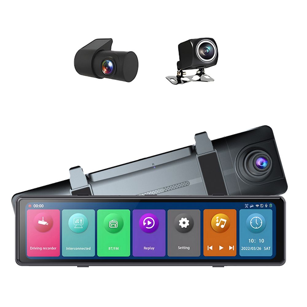 3 Cameras Dash Cam 12in 2.5K Clear Car Rearview Mirror BT