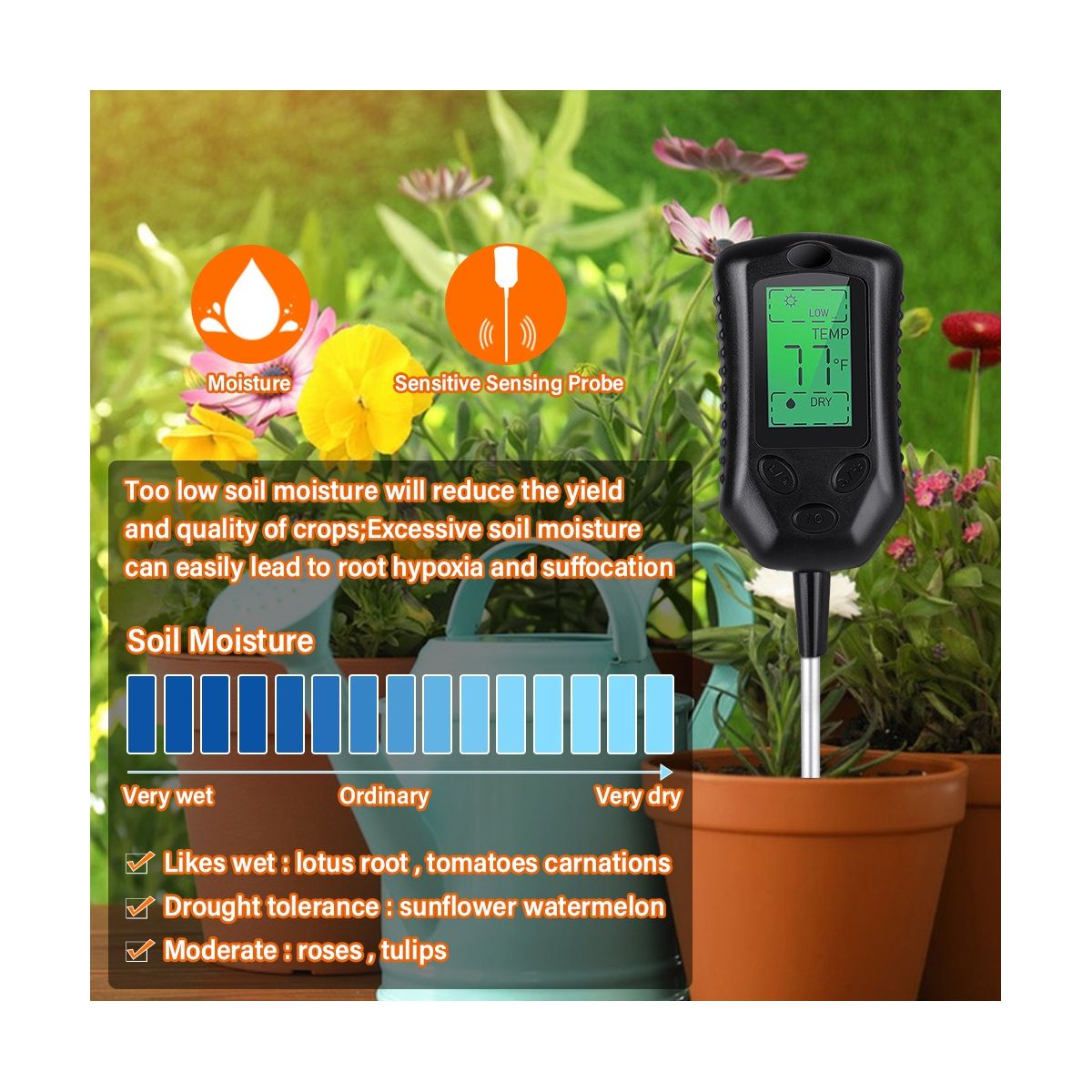 4 In-1 Soil PH Meter Moisture Monitor Temperature Sunlight Tester Digital Backlight for Gardening Plants Farming