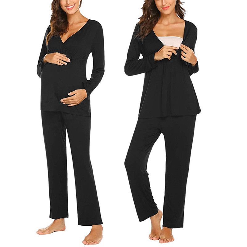 Black-Popular Maternity Long Sleeve Nursing Pajamas Adjustable Breastfeeding Homewear For