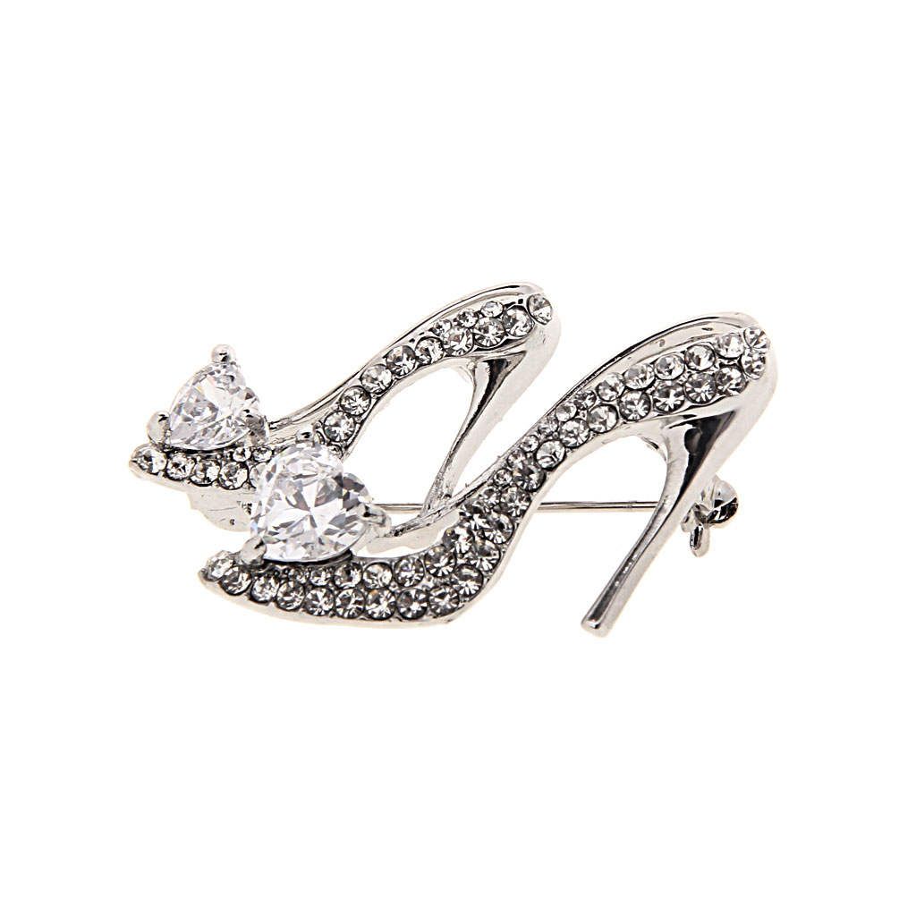 Ladies Silver Crystal Rhinestone High Heeled Queen Shoes Shape Brooch