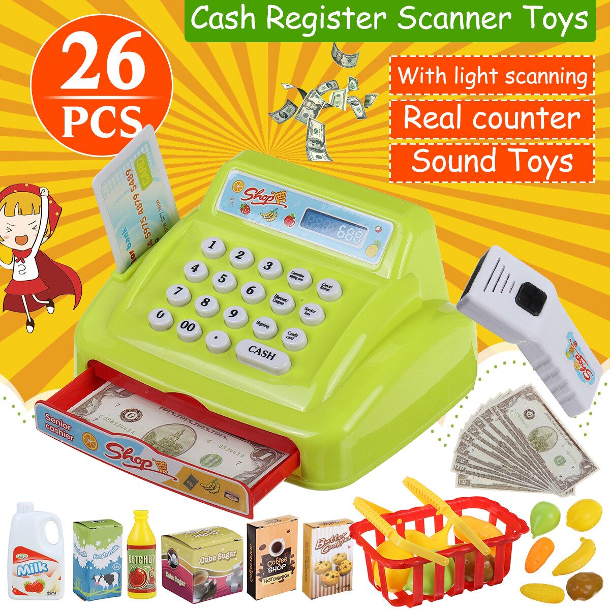 Children's Pretend To Play Supermarket Simulation Smart Cash Scan Register Toy Green