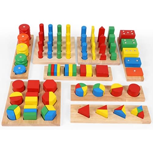 Montessori Wooden Geometric Shapes Fractions Boards - 8 In 1 Set Puzzles