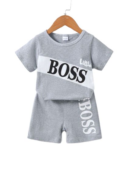 2PCS Clothes Set Kid Boy Letter Boss T-shirt+ Grey Shorts