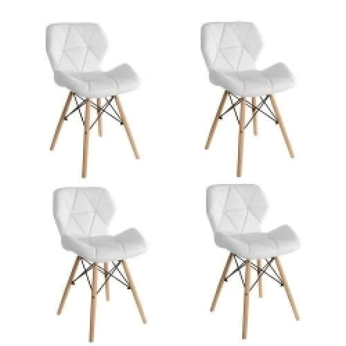Dinning Leather Chair With Wooden Leg - Set Of 4 - White