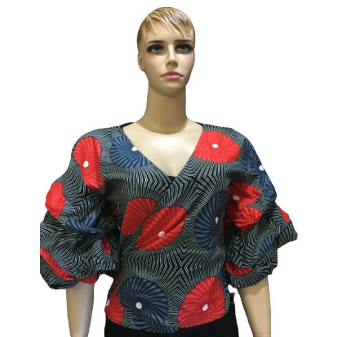 D'lanniE Ankara Fitted Wrap Top With Ruffle Sleeve