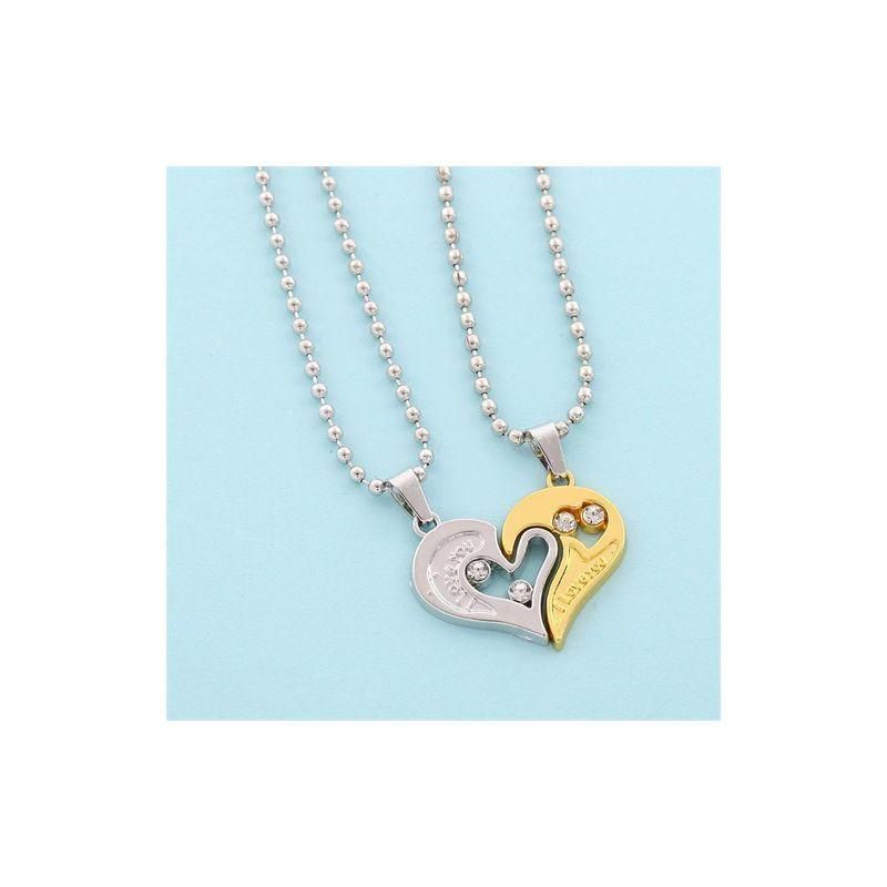 1 Pair Of Heart Shaped Diamond Studded Peach Heart Pendant Couple Necklace