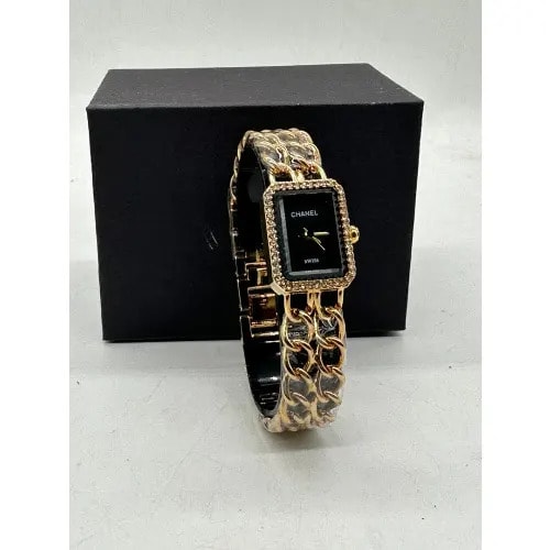 Party Wear Rectangular Chanel Ladies Watch - Black Dial Gold Edition