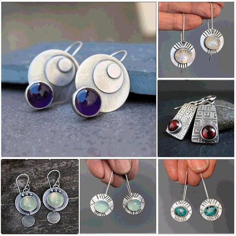 Colorful Round Stone Disc Moonstone Earrings Vintage Antique Silver Color Dangle Bohemia Ethnic Charm Wedding Earrings For Women