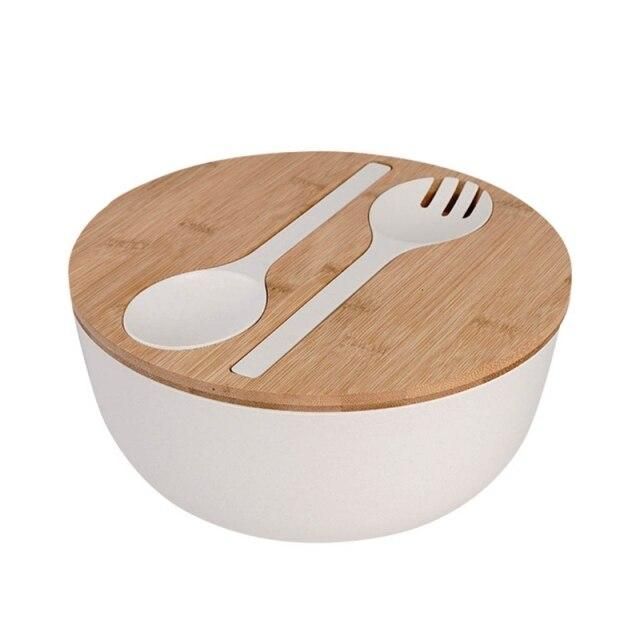 Creative Bamboo Fiber Salad Bowl With Lid Spoon Fork Servers Set Large Deep Soup Food Mixing Container Fruits Vegetables Kitchen