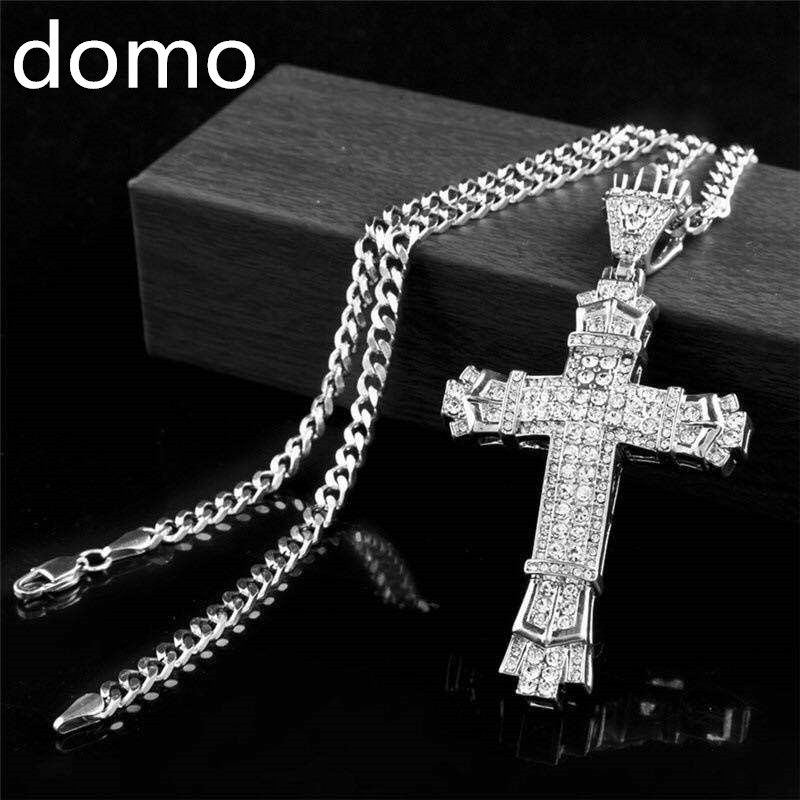 Punk Silver Diamond Cross Pendant Men's Necklace Accessories
