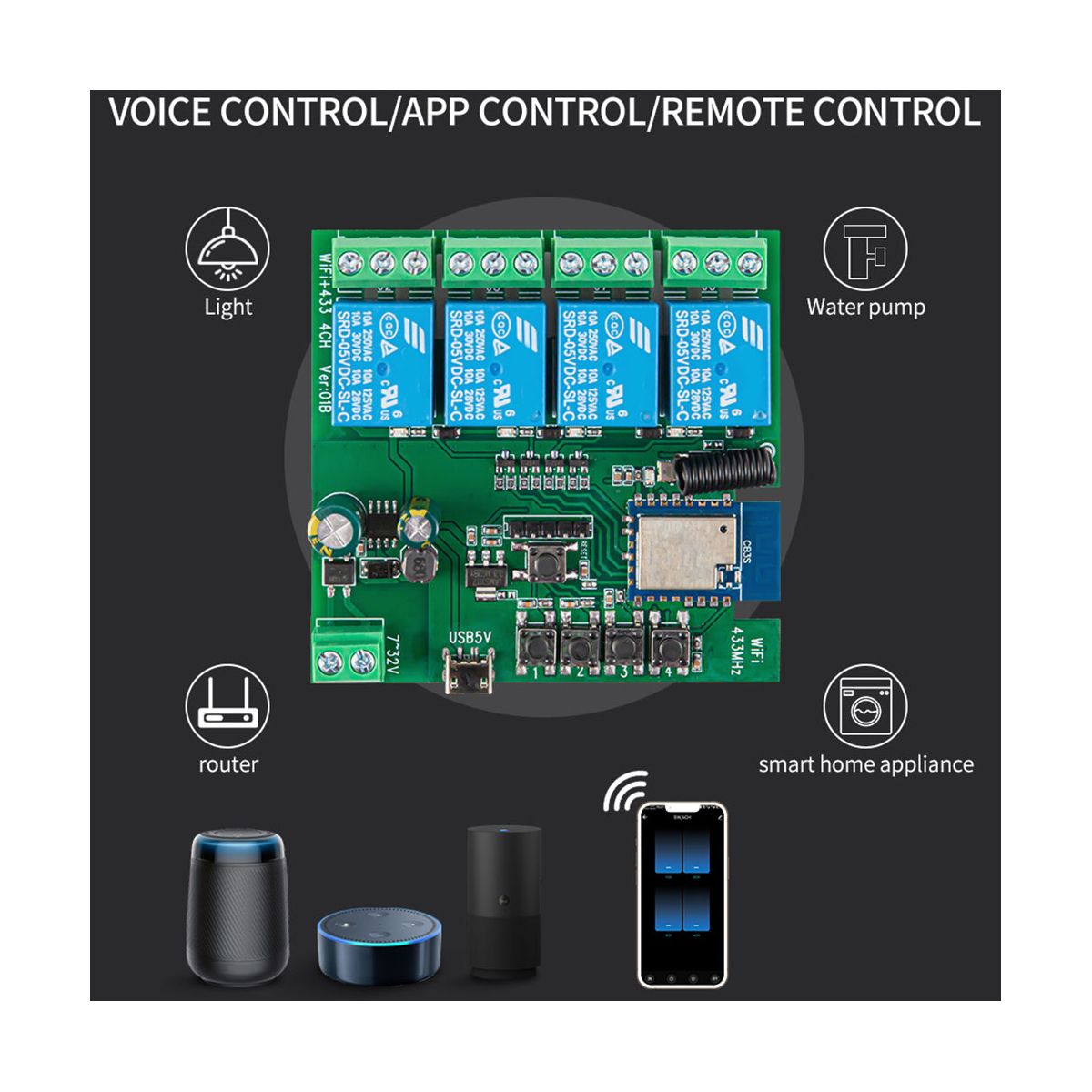 4CH Tuya WiFi Smart Switch DIY Timer 85-265V 5V 2.4G WiFi