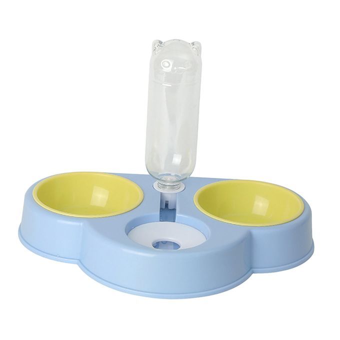 Cat Dog Automatic Gravity Waterer Dual Bowl Feeder Bowl Dish Blue