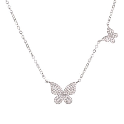 Ladies Double Butterfly Pendant Necklace - Silver