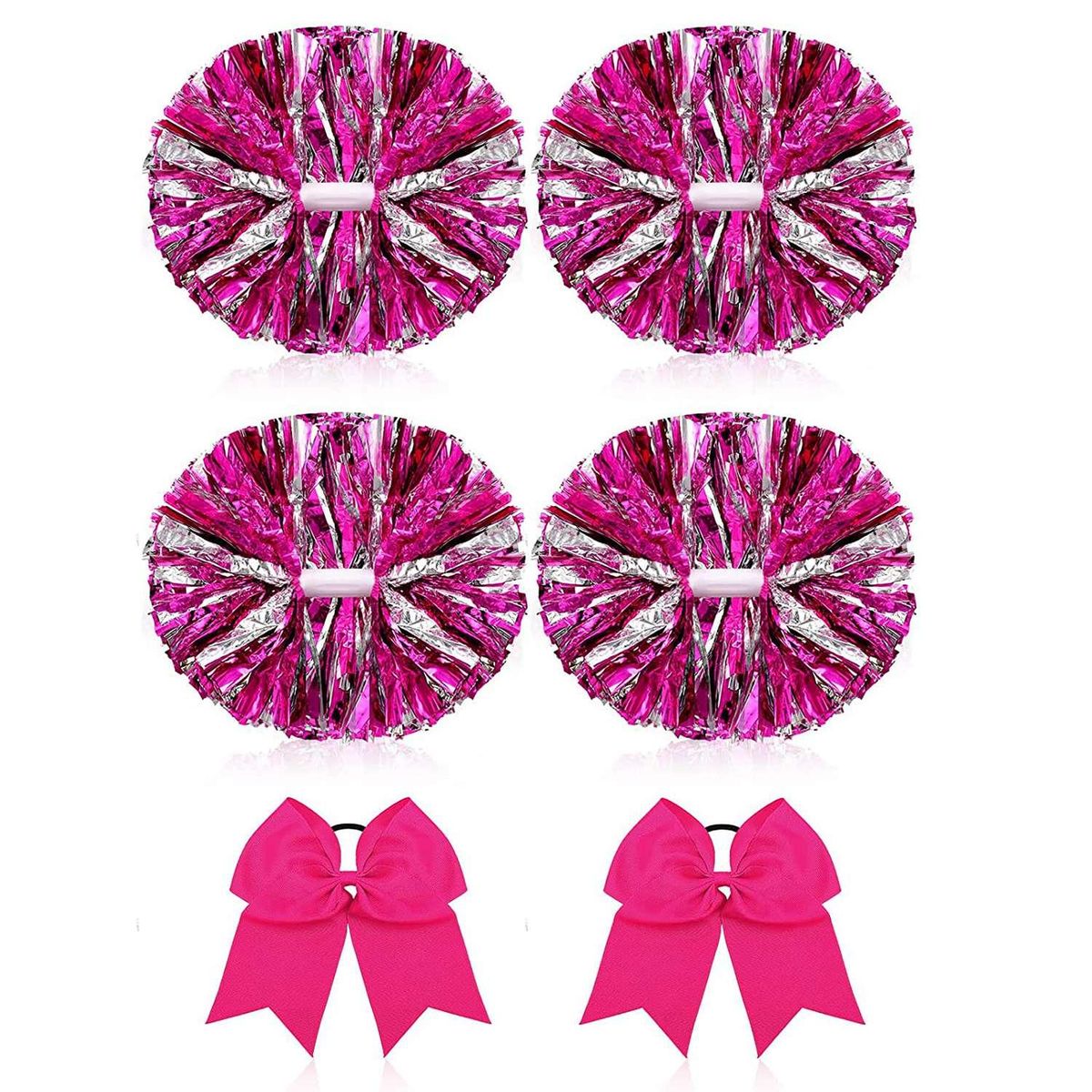 6 Pcs 13 Inch Cheerleading Pom Poms and Big Bow, Suitable for Girls' Cheerleading Poms, Metal Poms and Handles,Pink