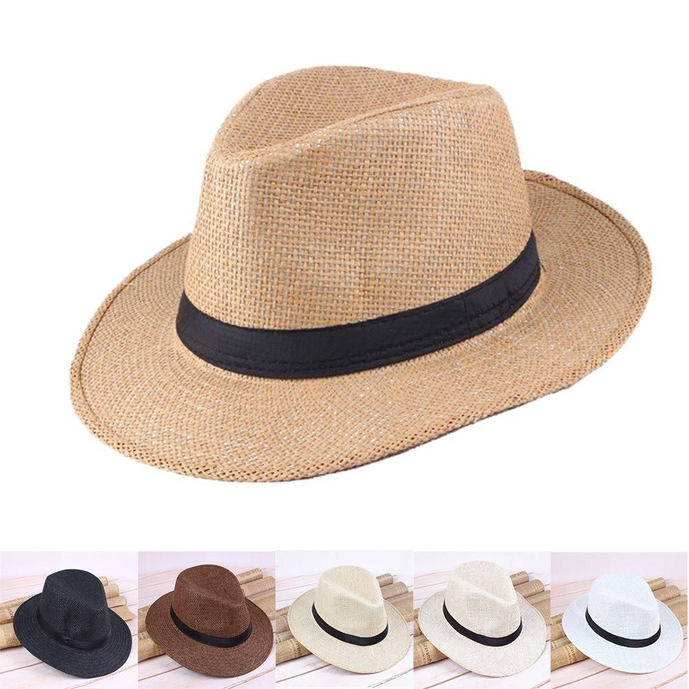 1PC Fashion Vintage Men Handmade Straw Panama Hat Wide Brim Cap Cowboy Cap Fisherman Hat Summer Beach Travel Sun Hat
