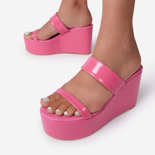 Double Strap Patent Wedge Mules - Pink