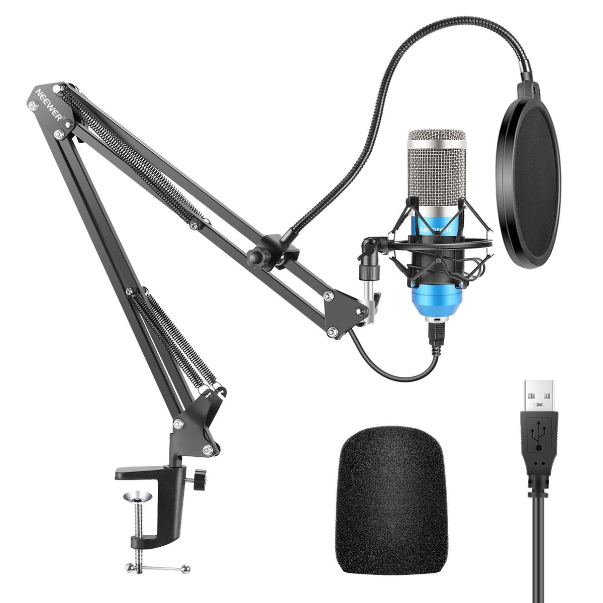 USB Microphone Kit 192KHZ/24BIT Plug&Play Computer Cardioid Mic Podcast Condenser Microphone With Professional Sound Chipset For PC Karaoke/YouTube/Gaming Record, Arm Stand/Shock Mount (Blue)（NW-8000-USB）
