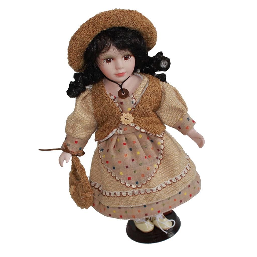 30cm Simulation Retro Ceramic Girl Doll With Black Hair, Holder