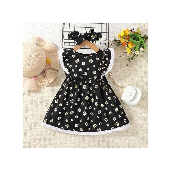 Catpapa Baby Girls Dress With White Lace + Headband Daisy Printing