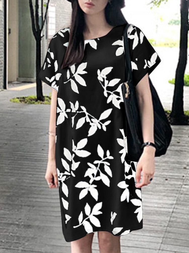 Leaves Print Short Sleeve Round Neck Print Dress