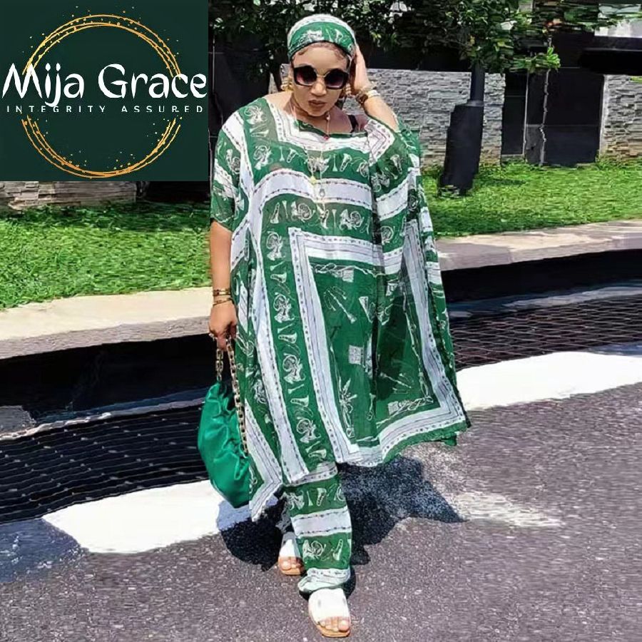 {MijaGrace}Women's Chiffon Printed PLUS-SIZE/FREE SIZE Dress And Pants, 2 Piece Set - GREEN