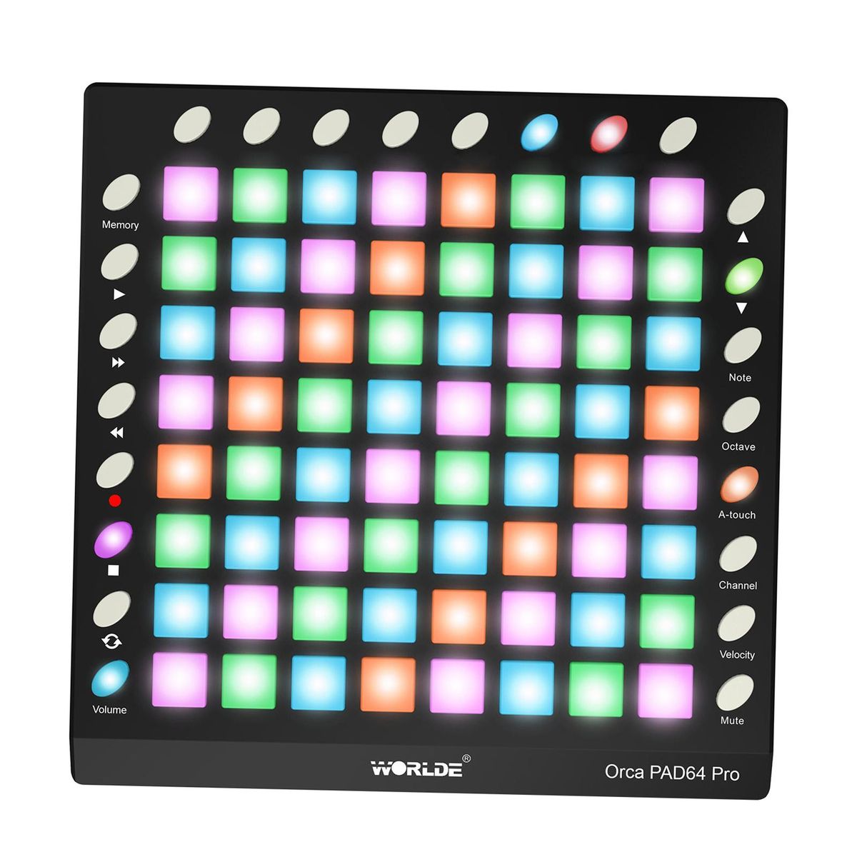 WORLDE ORCA PAD64-A Pro Portable USB MIDI Drum Pad Controller 64 RGB Backlit Pads 24 Buttons Built-in 128MB Sound Module with USB Cable