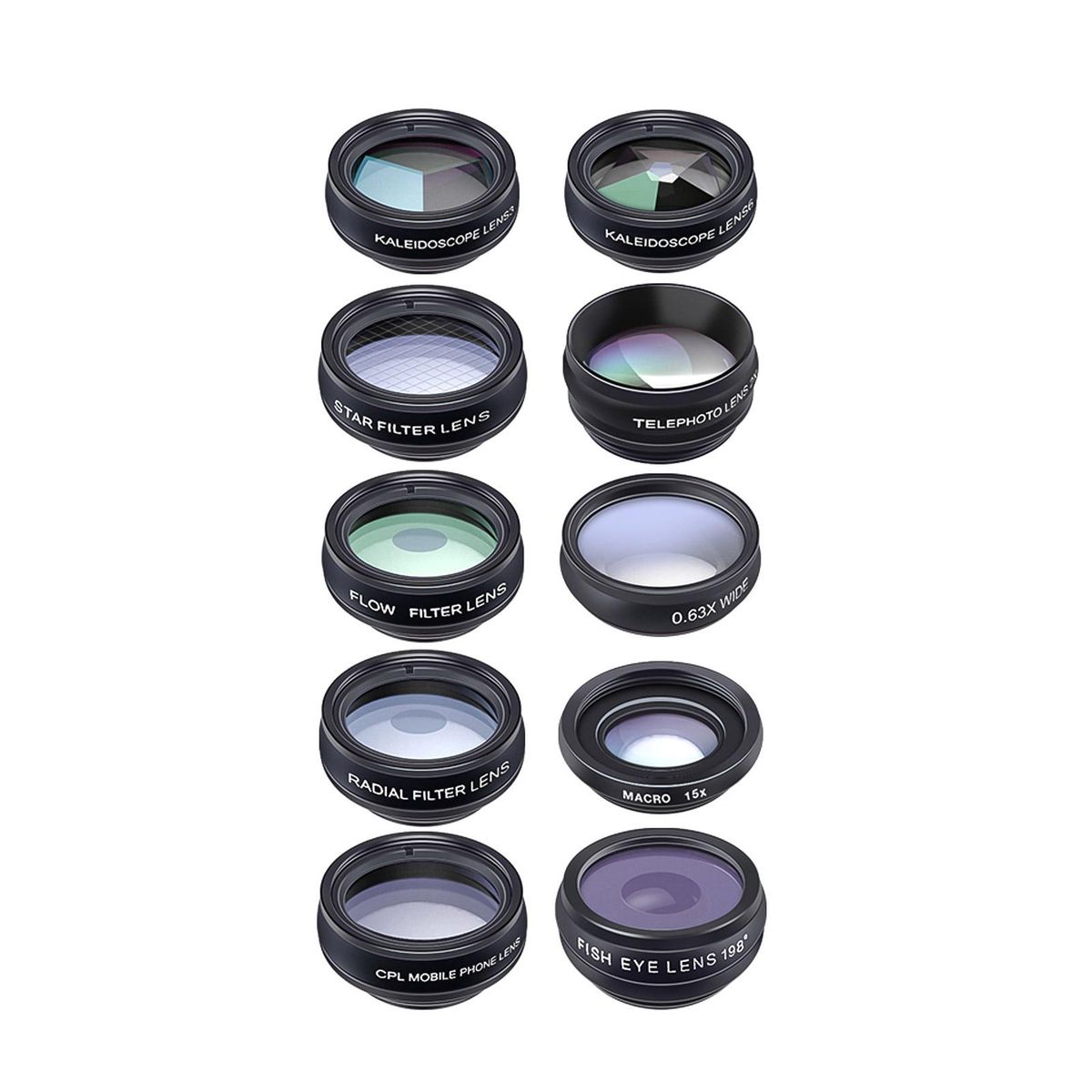 APEXEL 10 in 1 Phone Camera Lens Kit with 0.63X Wide Angle + 15X Macro + 198&deg;Fisheye + 2X Telephoto + CPL + Star Filter + Radial Filter + Flow Filter + Kaleidoscope 3 + Kaleidoscope 6 Compatible with Android iPhone