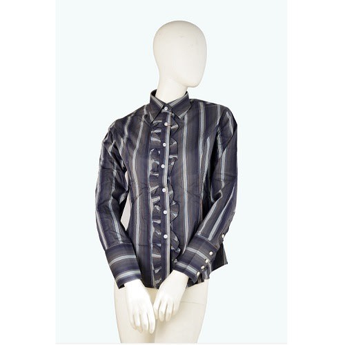 Women Cotton Bold Stripe Long Sleeve Frill Front Shirt