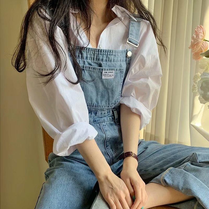 Chic Women's Light Blue Denim Strap Pants Spring and Autumn Women's Loose Wide Leg Pants High Waist