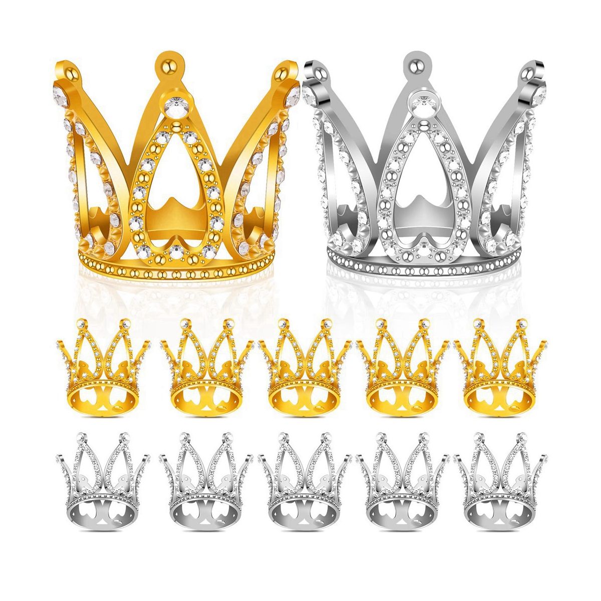 12 PCS Mini Crown Cake Topper,Gold & Silver Rhinestone