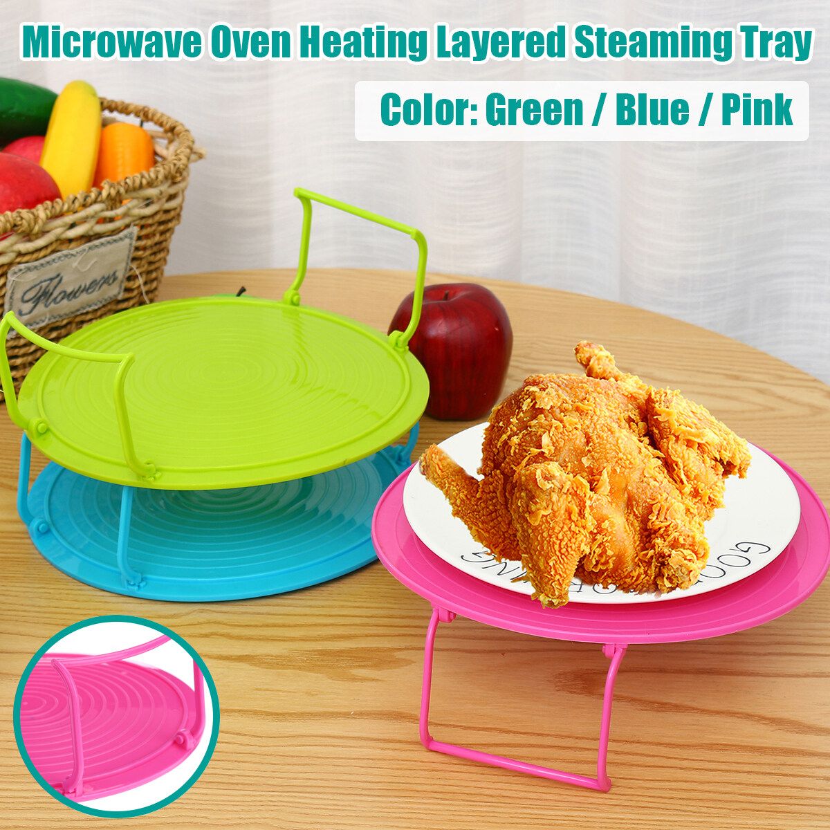 Round Microwave Micro Oven Plate Serving Tray Shelp Plastic Folding Lid Pink