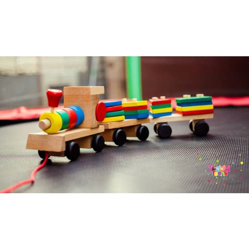 15.5'' Wooden Train Toddler Toys, Shape Sorter And Stacking Wooden Blocks, Wooden Toy